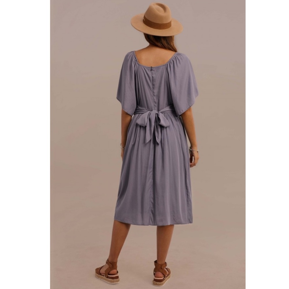 Petallush Half Sleeve Square Neck Tie Waist Summer Midi Dress With Pocket - Picture 6 of 13